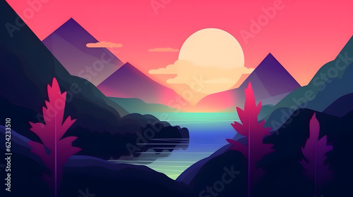 generic low-fi synthvawe gradient sunset landscape in neon colors, neural network generated image photo