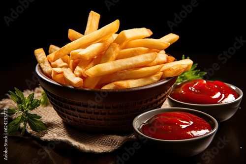 French fries in basket with ketchup and sauce isolated on black background