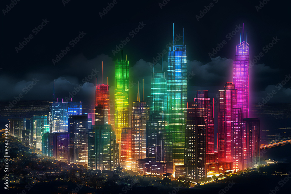 Illustration Of Colorful Lights On City Under Constriction Highest Buildings. Generative Ai