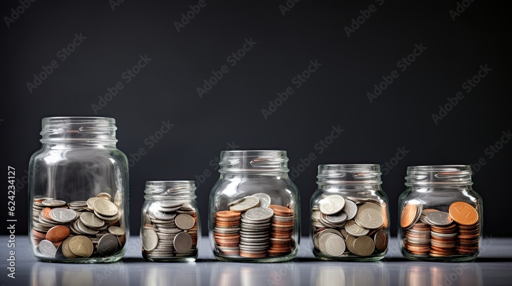 Glass jars with coins like diagram, savings concept. Grey isolated background Glass jars with coins like diagram, savings concept. Grey isolated background
