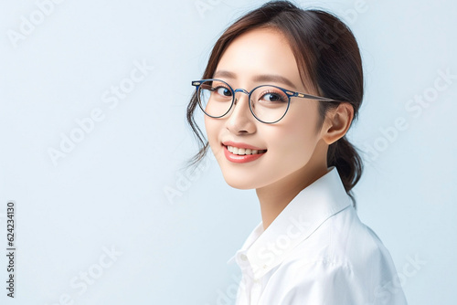 笑顔の女性のポートレート　青色背景　AI生成画像　ジェネレーティブ　AI