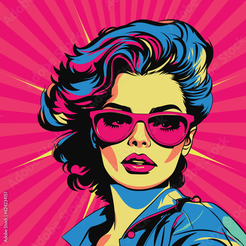 Woman with Short and Curly Hair in Pink Sunglasses: Retro Vector Pop Art Illustration
