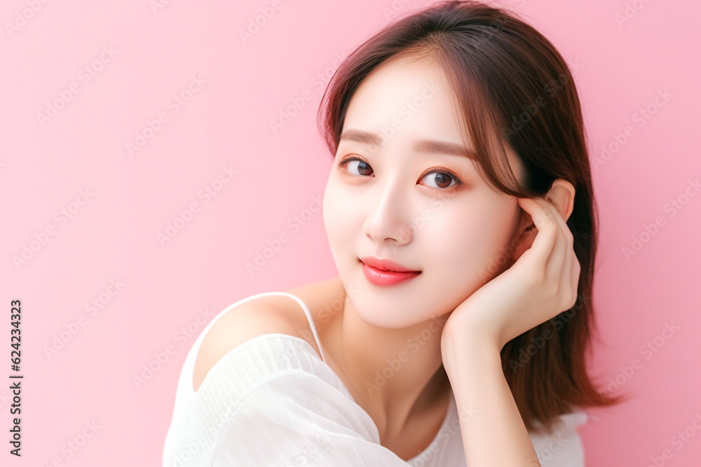 笑顔の女性のポートレート ピンク背景 AI生成画像 ジェネレーティブ AI 笑顔の女性のポートレート ピンク背景 AI生成画像 ジェネレーティブ AI