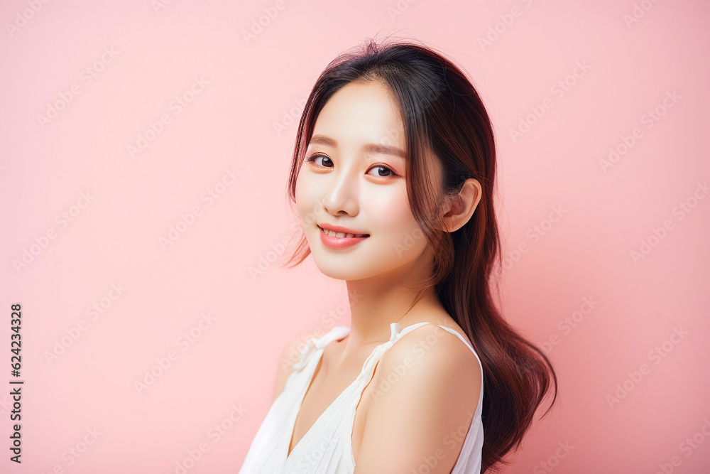 笑顔の女性のポートレート ピンク背景 AI生成画像 ジェネレーティブ AI 笑顔の女性のポートレート ピンク背景 AI生成画像 ジェネレーティブ AI