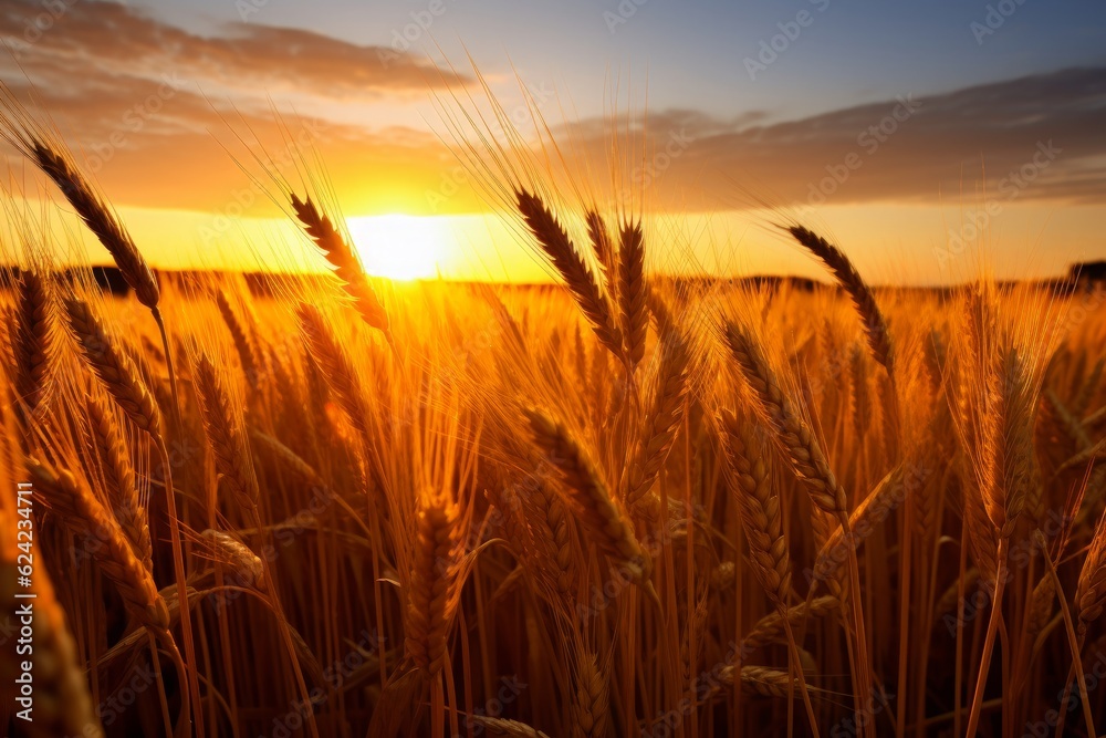 A field of ripened wheat against the setting sun. Generative AI
