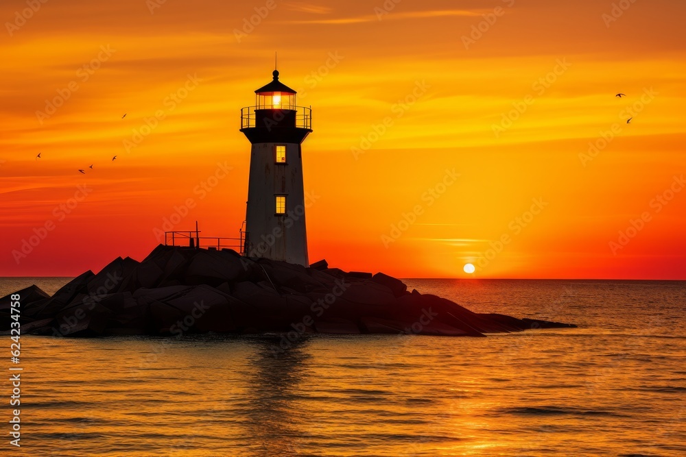 A yellow lighthouse at sunset. Generative AI