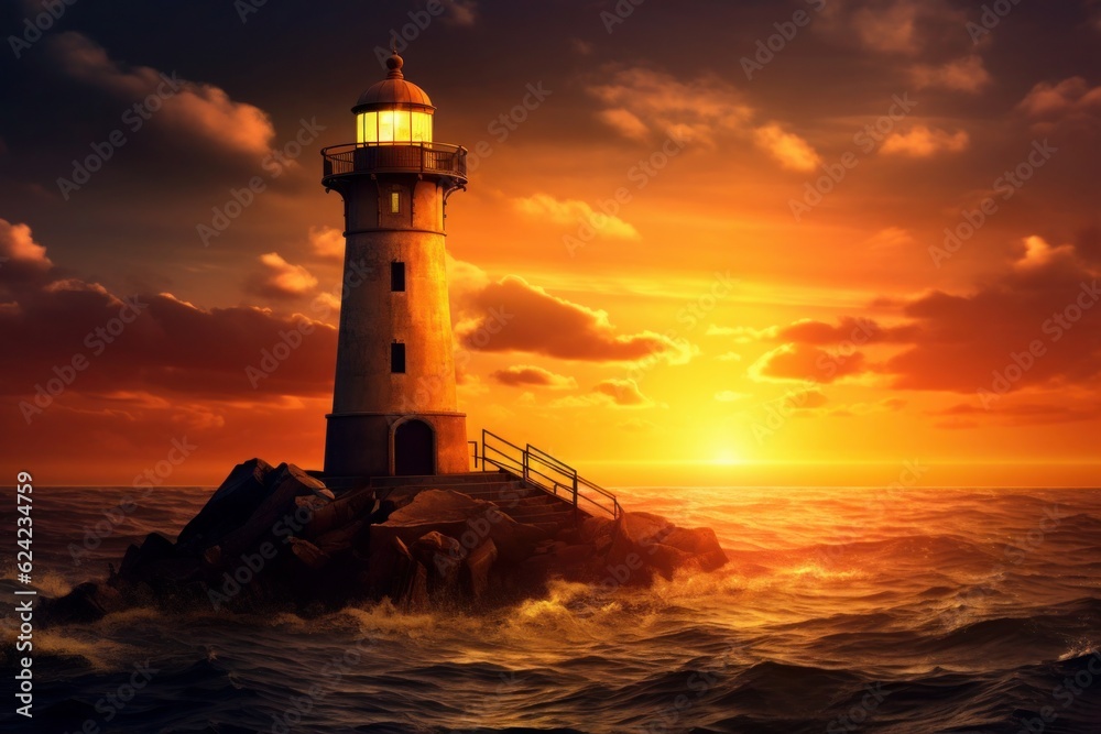 A yellow lighthouse at sunset. Generative AI