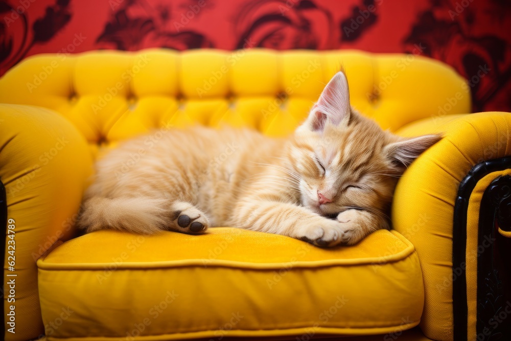 Cat sleeping on a mustard yellow sofa. Generative AI