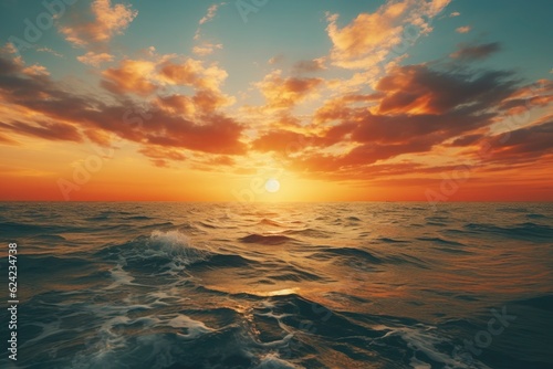 Scenic sunset over the ocean with yellow and orange hues. Generative AI