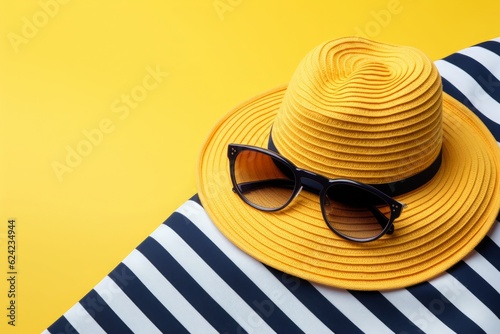 yellow sunglasses and striped retro hat. summer concept Generative AI