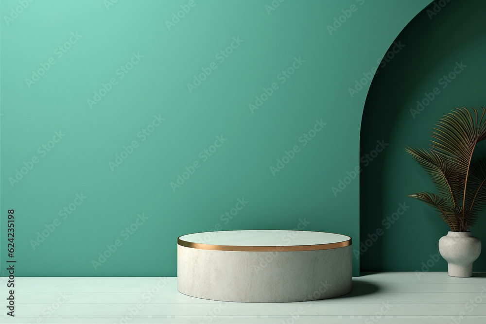 Minimal empty podium for product presentation on tosca background. Generative AI Minimal empty podium for product presentation on tosca background. Generative AI