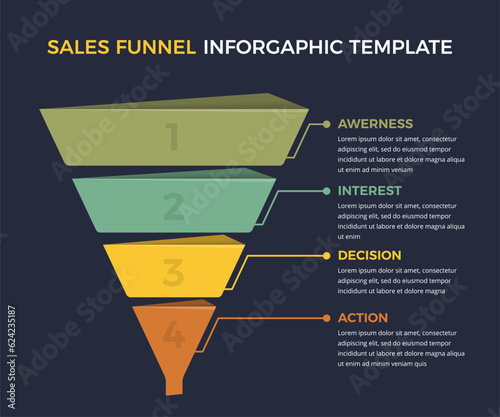 Sales funnel diagram with 4 elements, business infographic design template, dark background, vector eps10 illustration
