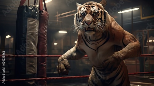 A ferocious tiger training in a ring, showcasing its "powerful" strength and agility. Generative AI