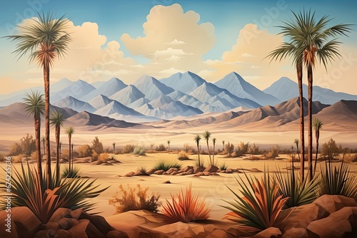 In the background, a desert landscape painting with mountains. (Generative AI)