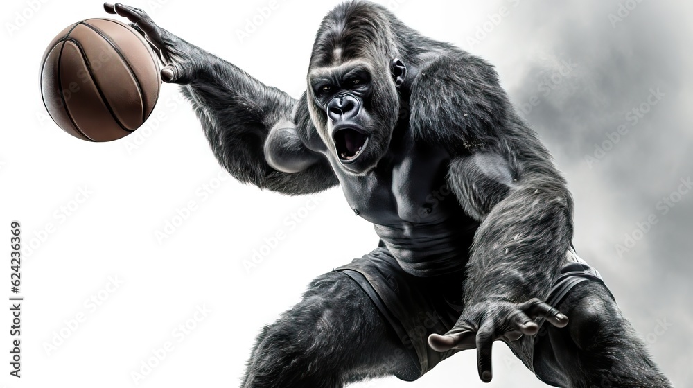 A dynamic gorila playing basketball, showing off impressive A dynamic gorila playing basketball, showing off impressive