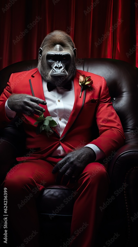 An imposing gorilla dressed in a luxurious suit, reflecting the image of a successful millionaire. Generative AI An imposing gorilla dressed in a luxurious suit, reflecting the image of a successful millionaire. Generative AI