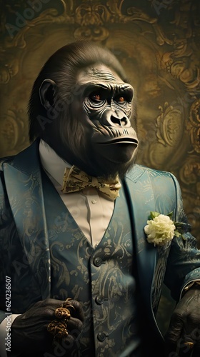 An imposing gorilla dressed in a luxurious suit, reflecting the image of a successful millionaire. Generative AI