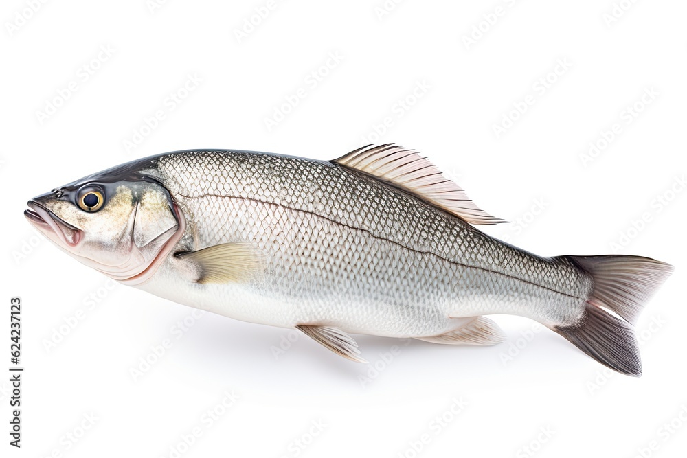 One fresh sea bass fish isolated on white background One fresh sea bass fish isolated on white background