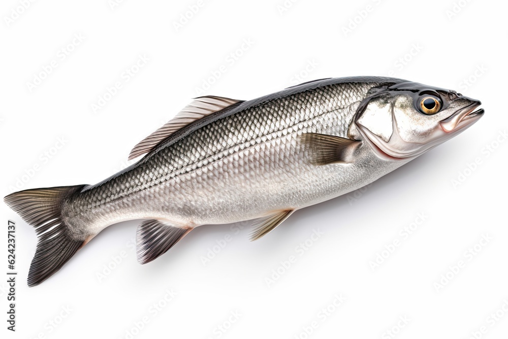 One fresh sea bass fish isolated on white background One fresh sea bass fish isolated on white background