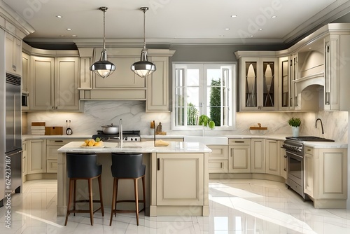 Premium luxury modern kitchen interior. Empty beige marble kitchen room