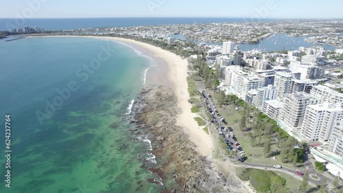 Golden Sand of Mooloolaba Beach, Maroochydore in the Sunshine Coast region of Queensland, Australia. aerial forward photo