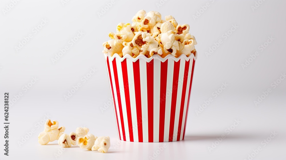 Popcorn viewed float Paper cup with popcorn on white isolated