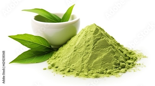 Powder matcha green tea and with leaf isolated on white background