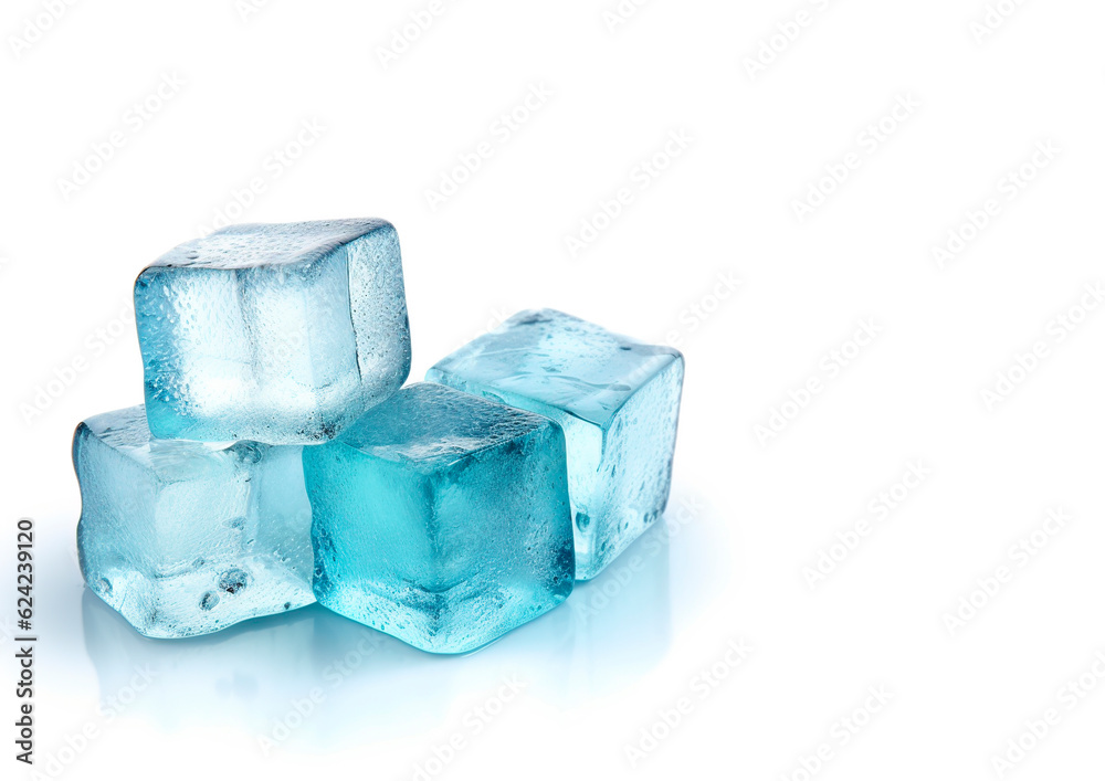 Blue ice cubes on white background with copy space for your text