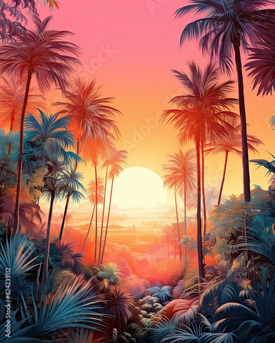A sunset painting featuring palm trees  ocean  sun  pink sky.  Generative AI 