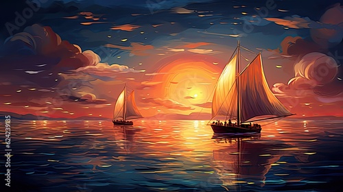 The sun sets over the ocean with stars above. (Generative AI)