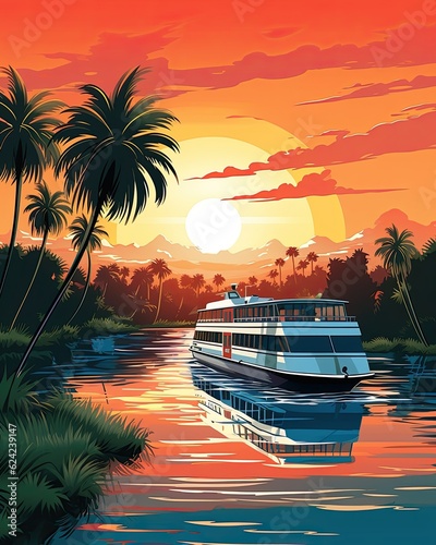 The painting depicts a sunset with palm trees and a boat. (Generative AI)