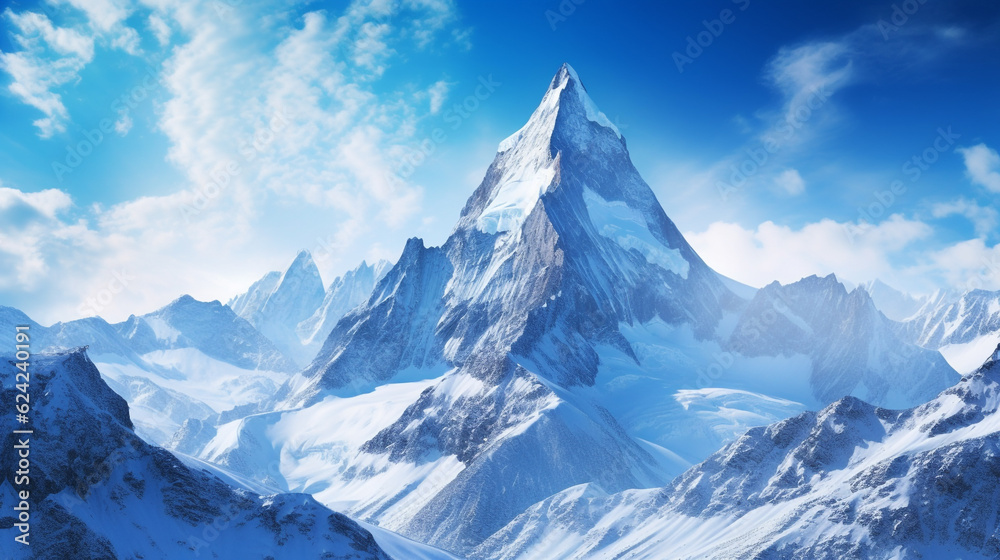 Landscape illustration with a snow rock mountain. Created with Generative AI