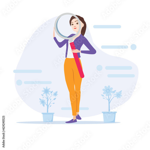 2D Vector Cartoon Woman Holding Big Magnifying Glass. Lady Holding in Her Hands Giant Magnifying Glass or Loupe and Looking Far Ahead. Vector Cartoon Illustration in Modern Concept