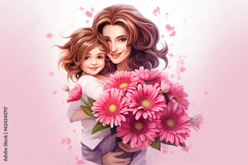 Happy Mother's Day, Women's day or Birthday background. Cute little girl giving mom bouquet of pink gerbera daisies. Loving mother and daughter smiling and hugging