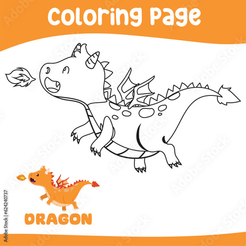 Coloring page a fairy tale Medieval Kingdom black and white a cute flying orange dragon spit a fire. Vector outline fantasy monarch kingdom. Medieval fairytale an orange dragon cartoon character. 