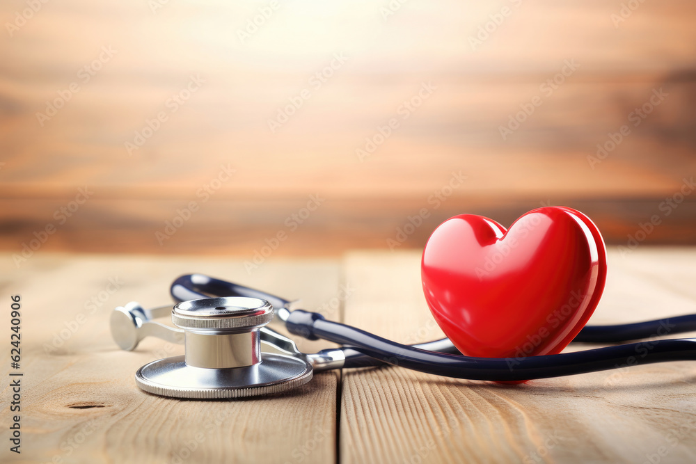 Stethoscope and red heart on wooden table. Cardiology concept Stethoscope and red heart on wooden table. Cardiology concept