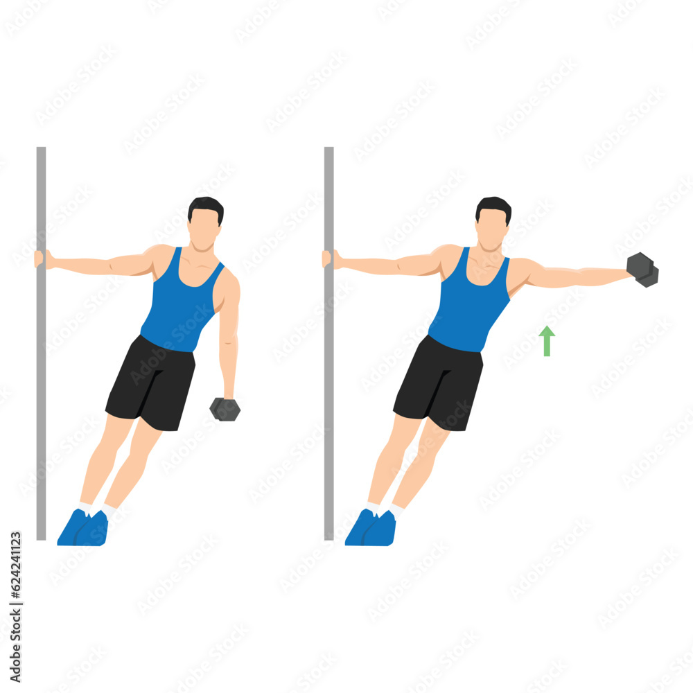 Man doing leaning one arm or single handed dumbbell lateral raise exercise. Flat vector illustration isolated on white background Man doing leaning one arm or single handed dumbbell lateral raise exercise. Flat vector illustration isolated on white background