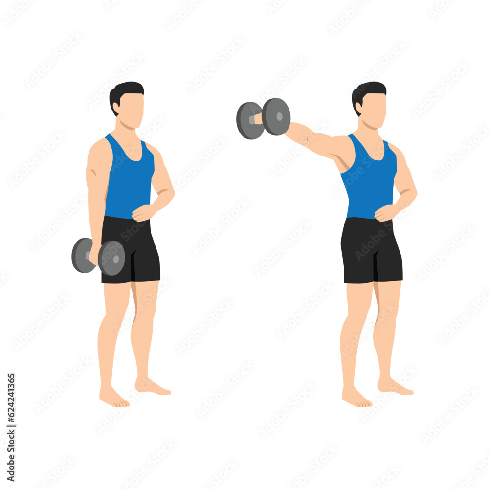 Man doing one arm side lateral raises. Shoulder workout and training. Flat vector illustration isolated on white background Man doing one arm side lateral raises. Shoulder workout and training. Flat vector illustration isolated on white background