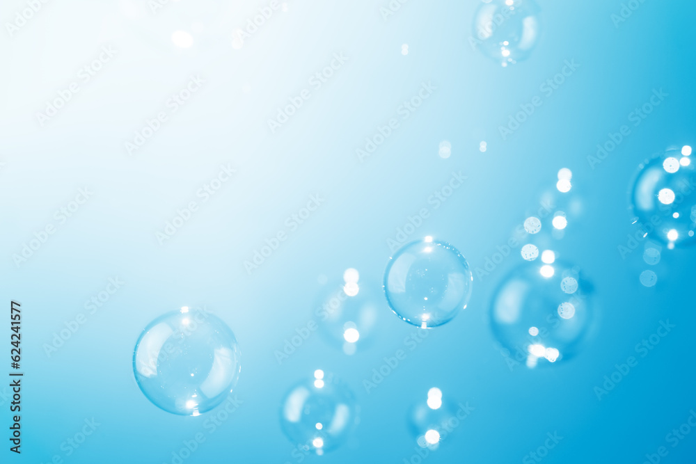 Beautiful Transparent Shiny Blue Soap Bubbles Floating in The Air. Blank White Space, Abstract Background, Celebration Festive Backdrop, Refreshing of Soap Suds Bubbles Water.	