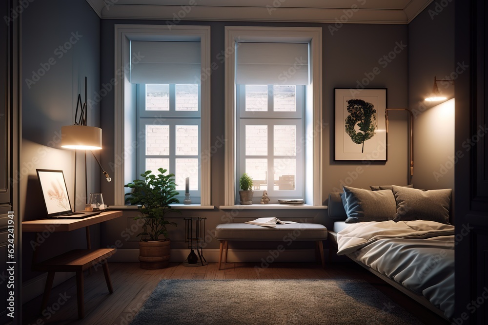 Cozy bedroom at night with open book, pillow and blurred garland lights. Generative AI Cozy bedroom at night with open book, pillow and blurred garland lights. Generative AI