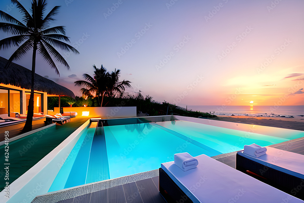 a modern villa pool with a sunset (Generative AI) 