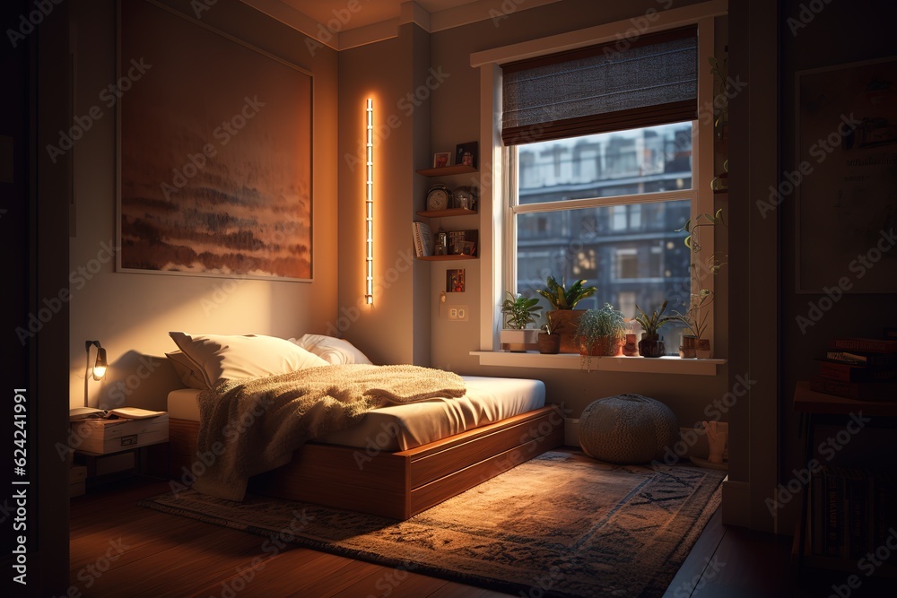 Cozy bedroom interior with mock up poster frame, big bed, beige bedding, plaid, lamp, wooden stands, black ladder, beige rug, wall with stucco and personal accessories. Generative AI Cozy bedroom interior with mock up poster frame, big bed, beige bedding, plaid, lamp, wooden stands, black ladder, beige rug, wall with stucco and personal accessories. Generative AI