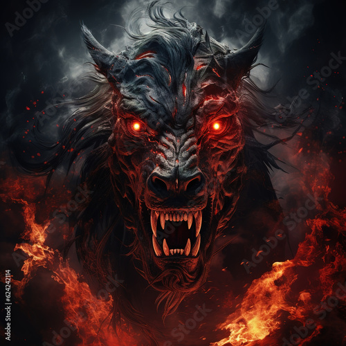 Image of angry demon horse terrifying and flames on dark background. Wildlife Animals. Illustration  Generative AI.