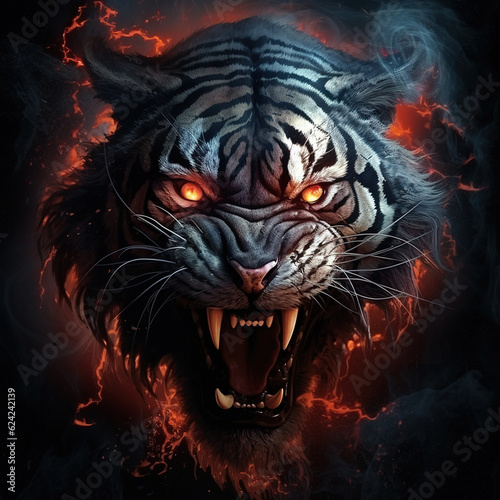Image of an angry demon tiger terrifying with flames and smoke on dark background. Wildlife Animals. Illustration, Generative AI.