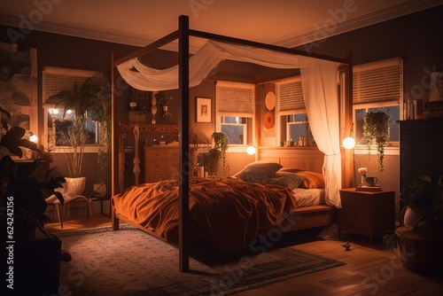 Cozy bedroom interior with mock up poster frame, big bed, beige bedding, plaid, lamp, wooden stands, black ladder, beige rug, wall with stucco and personal accessories. Generative AI © Create image