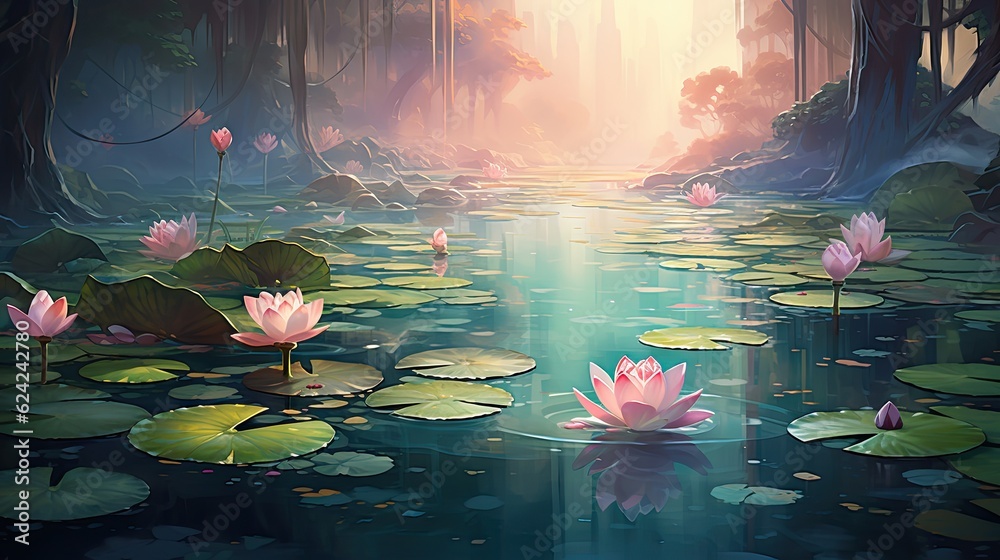 Fototapeta premium Sky the pond or river with beautiful white pink lotus and water lily pad. Generative AI
