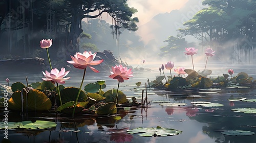 Sky the pond or river with beautiful white pink lotus and water lily pad. Generative AI