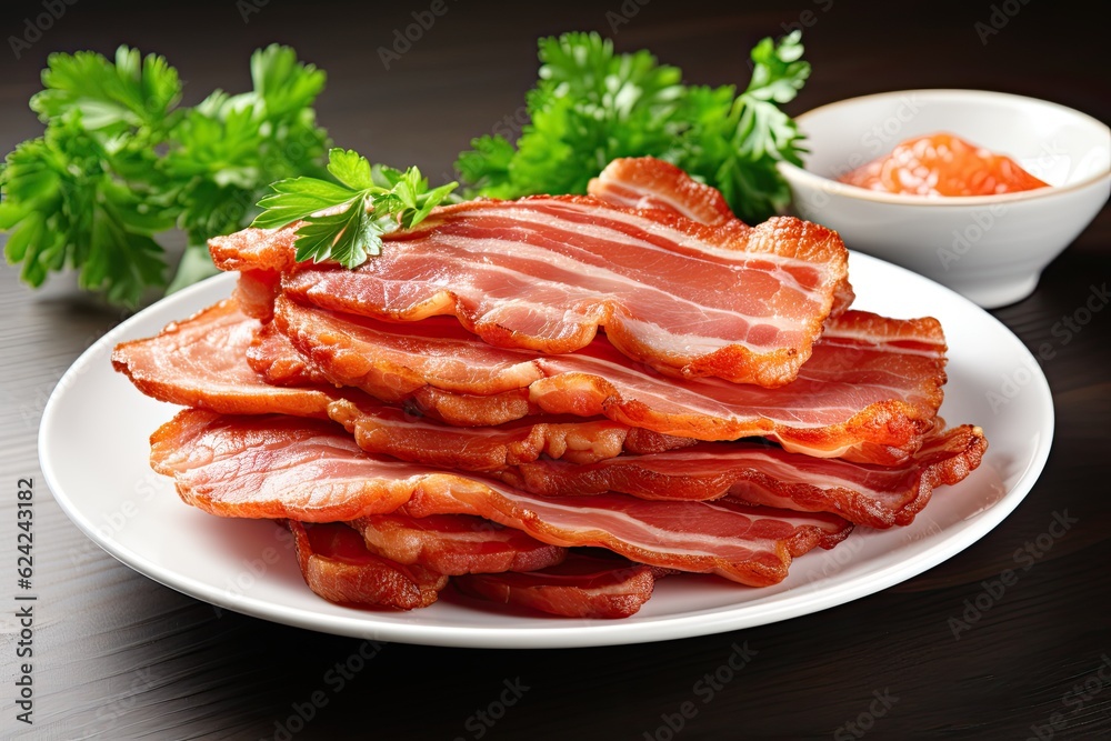 White plate with cooked bacon rashers isolated on white background White plate with cooked bacon rashers isolated on white background
