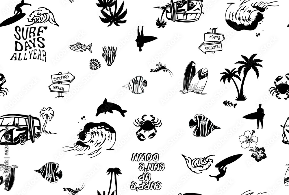Summer seamless pattern design.Palm tree, surfboard, shark print. black white background
