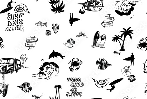 Summer seamless pattern design.Palm tree, surfboard, shark print. black white background photo
